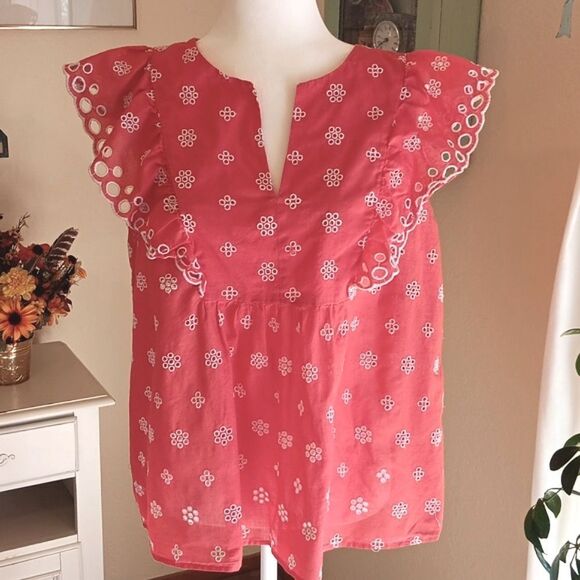 Loft Melon Eyelet Embroidery Summer Top Cottagecore Coastal Cowgirl - Picture 2 of 10